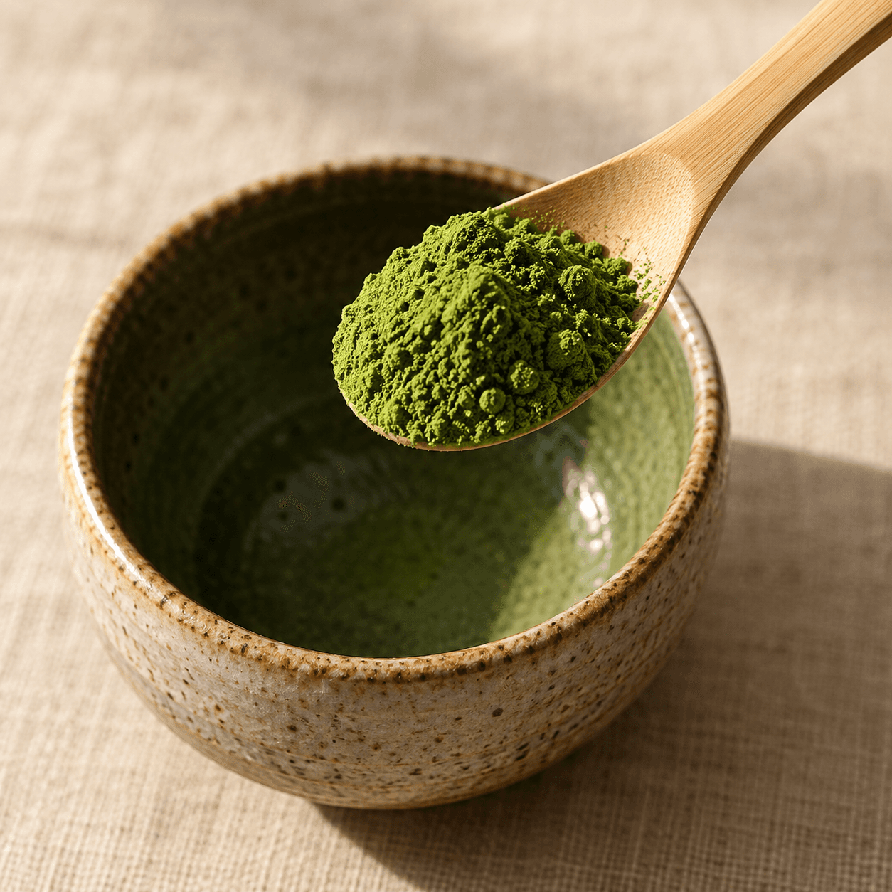 A bamboo spoonful of finely ground matcha above a ceramic bowl