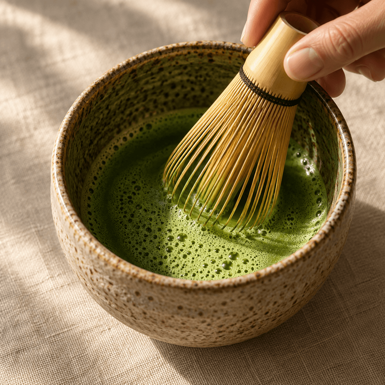 A bamboo whisk mixing matcha in a ceramic bowl
